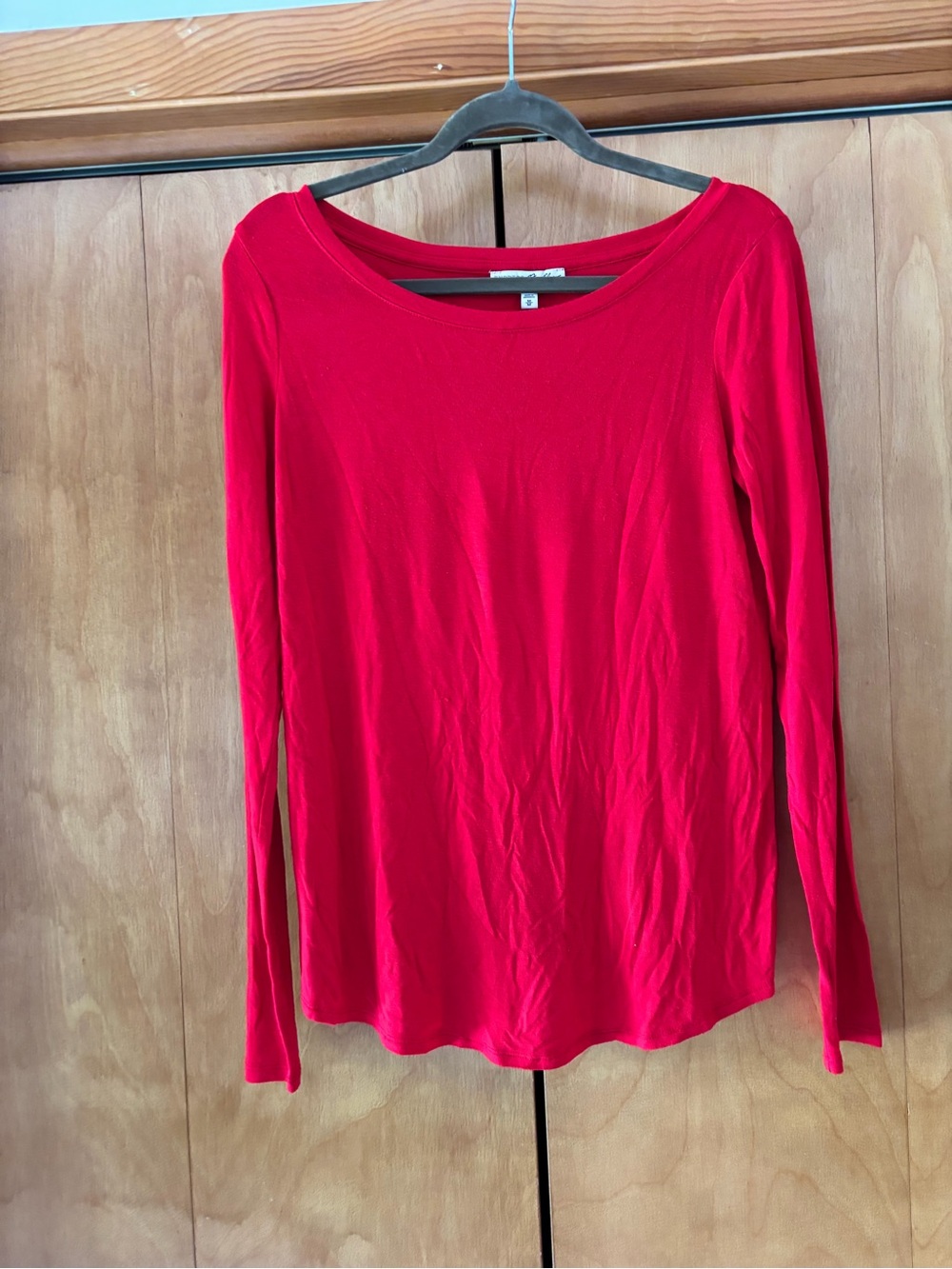 Express- Scoop Neck Long-Sleeve Tee — Red with Crisscross Bottom Back